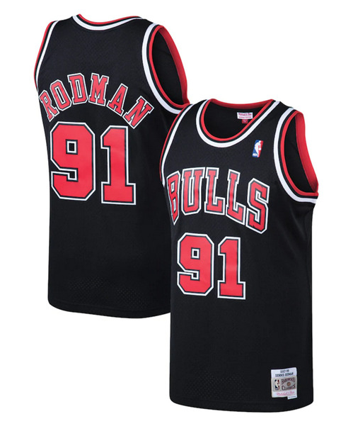 Men's Chicago Bulls #91 Dennis Rodman Black/Red 1997-98 Throwback Stitched Basketball Jersey Men's Chicago Bulls #91 Dennis Rodman Black/Red 1997-98 Throwback Stitched Basketball Jersey